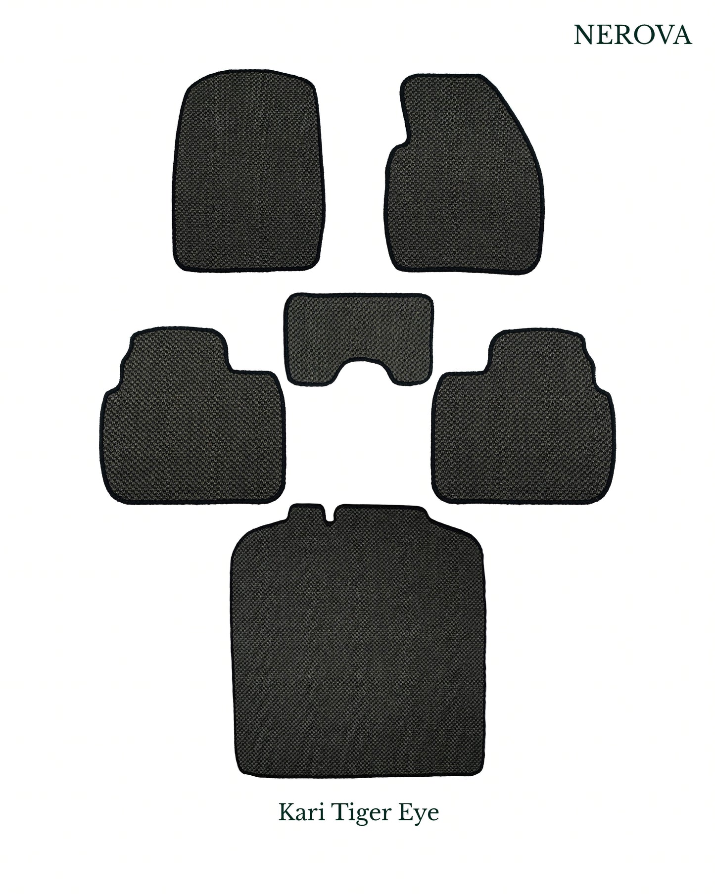 Nerova Kari Tiger Eye full set — front, rear and boot mat in deep charcoal natural sisal, custom-fit car mats