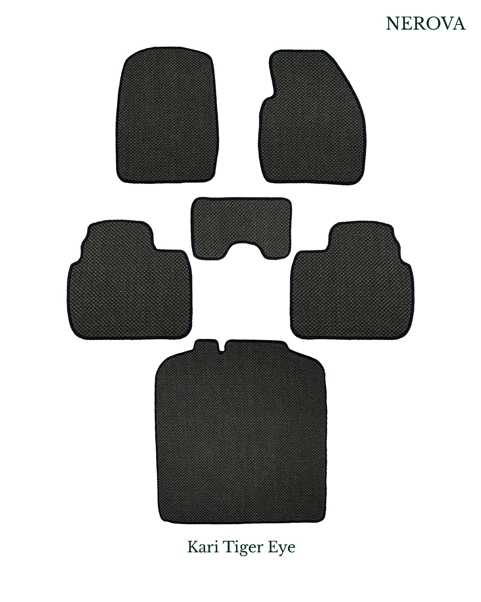 Nerova Kari Tiger Eye full set — front, rear and boot mat in deep charcoal natural sisal, custom-fit car mats
