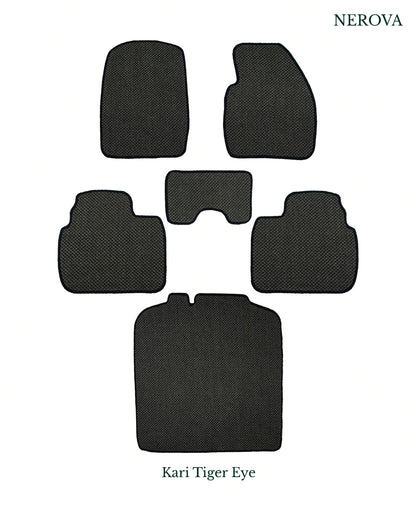 Nerova Kari Tiger Eye full set — front, rear and boot mat in deep charcoal natural sisal, custom-fit car mats
