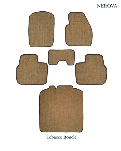 Nerova Tobacco bouclé full mat set — front and rear natural sisal car mats, warm brown, custom-fit