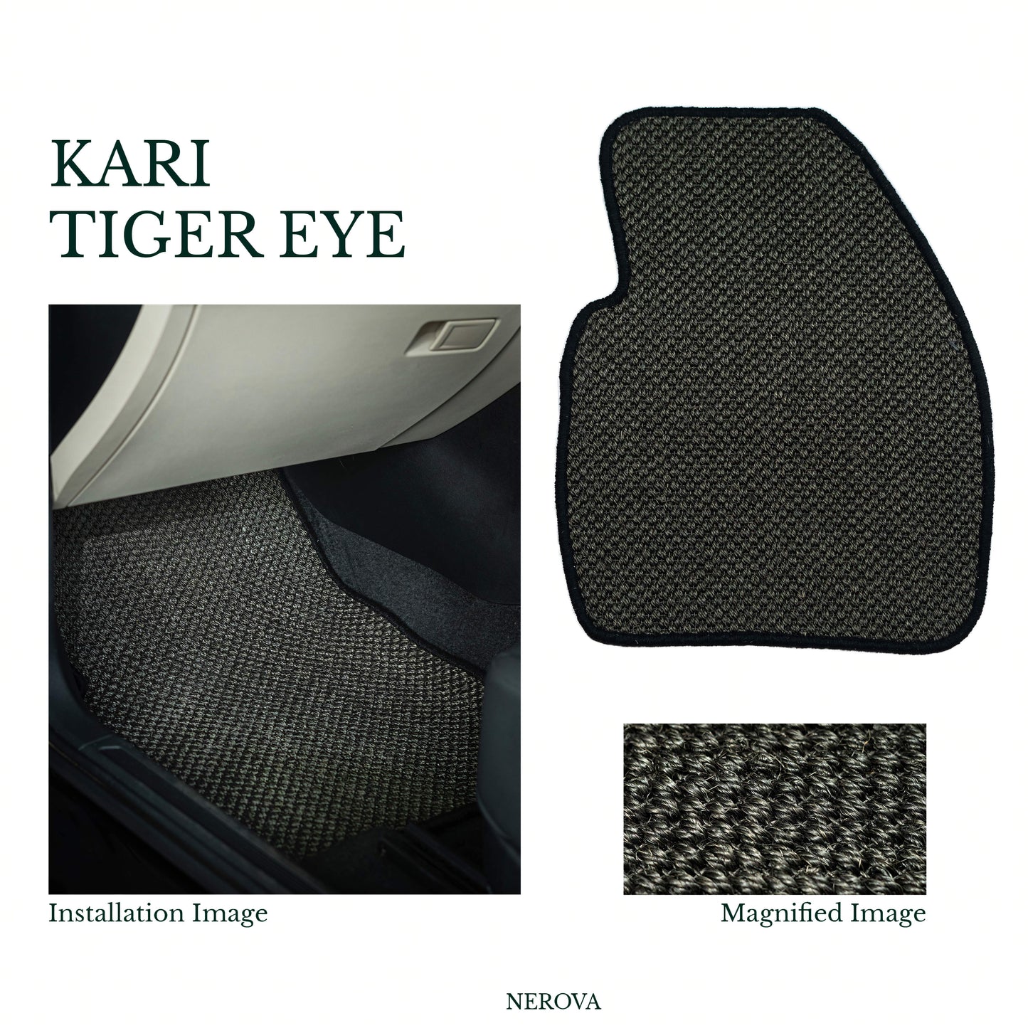 Nerova Apex Kari Tiger Eye — product graphic showing front and rear natural sisal car mat set, deep charcoal