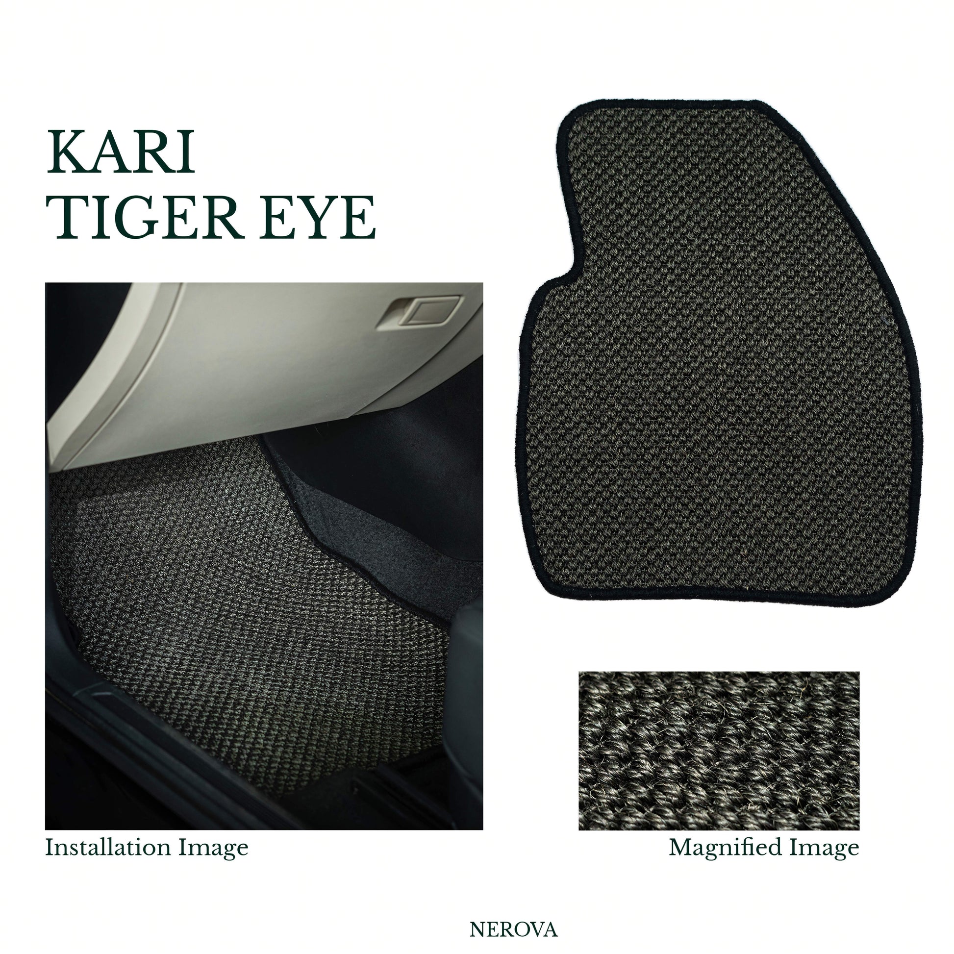 Nerova Apex Kari Tiger Eye — product graphic showing front and rear natural sisal car mat set, deep charcoal