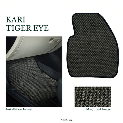 Nerova Apex Kari Tiger Eye — product graphic showing front and rear natural sisal car mat set, deep charcoal