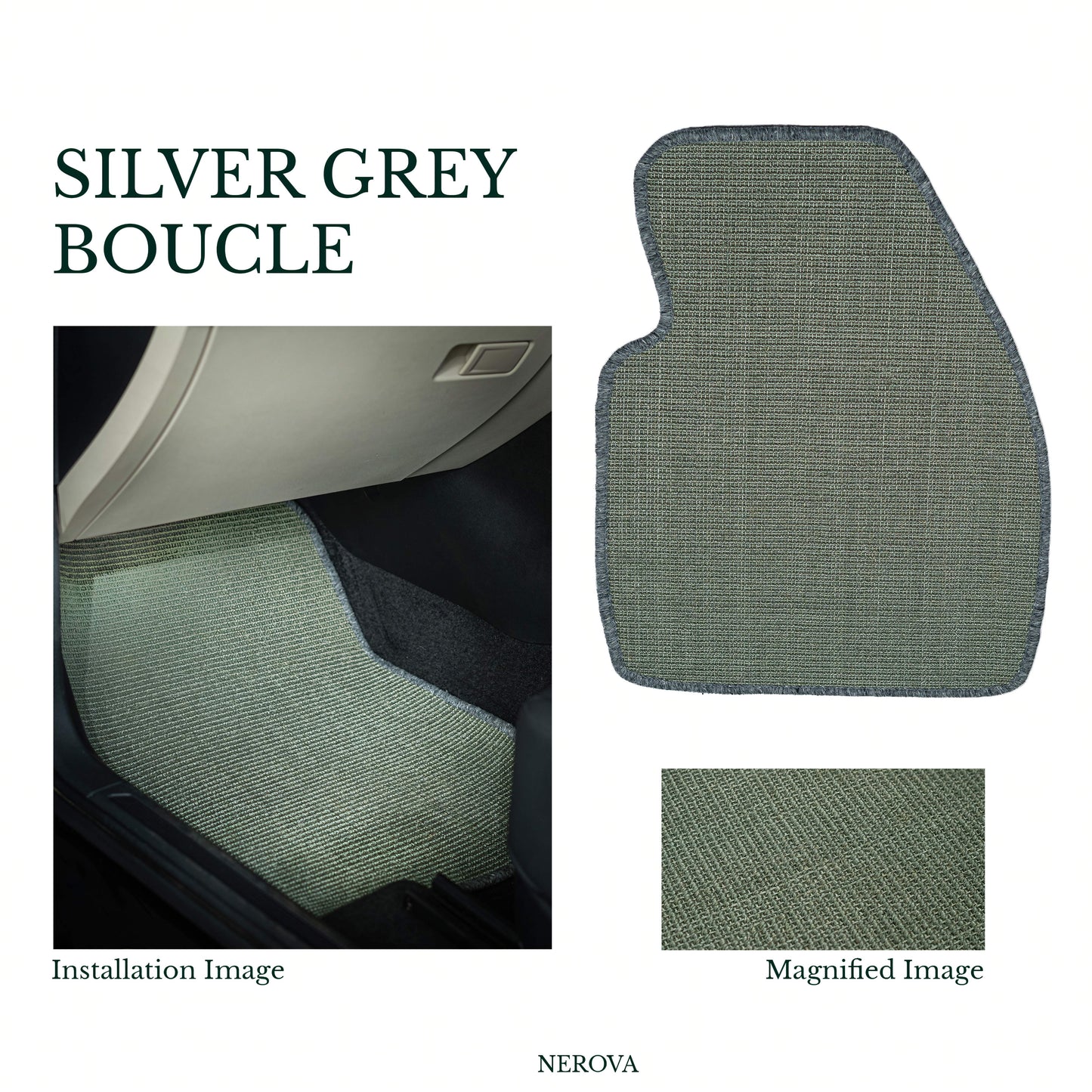 Nerova Origin Silver Grey bouclé sisal car mat set — product graphic showing full set, silver grey
