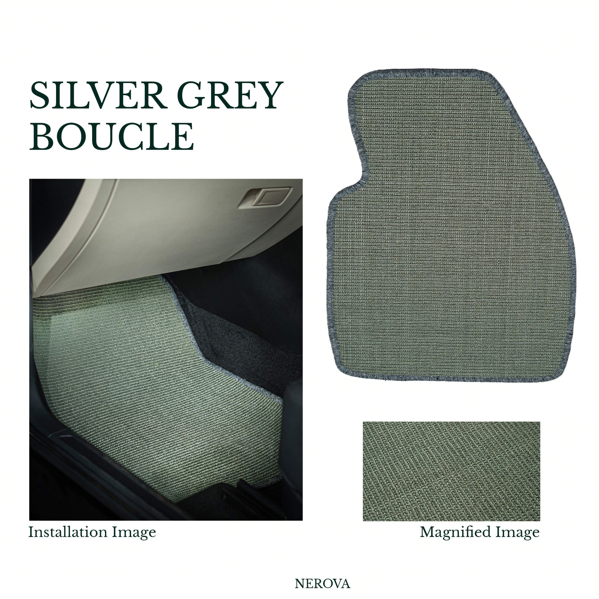 Nerova Origin Silver Grey bouclé sisal car mat set — product graphic showing full set, silver grey