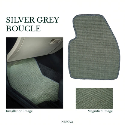 Nerova Origin Silver Grey bouclé sisal car mat set — product graphic showing full set, silver grey