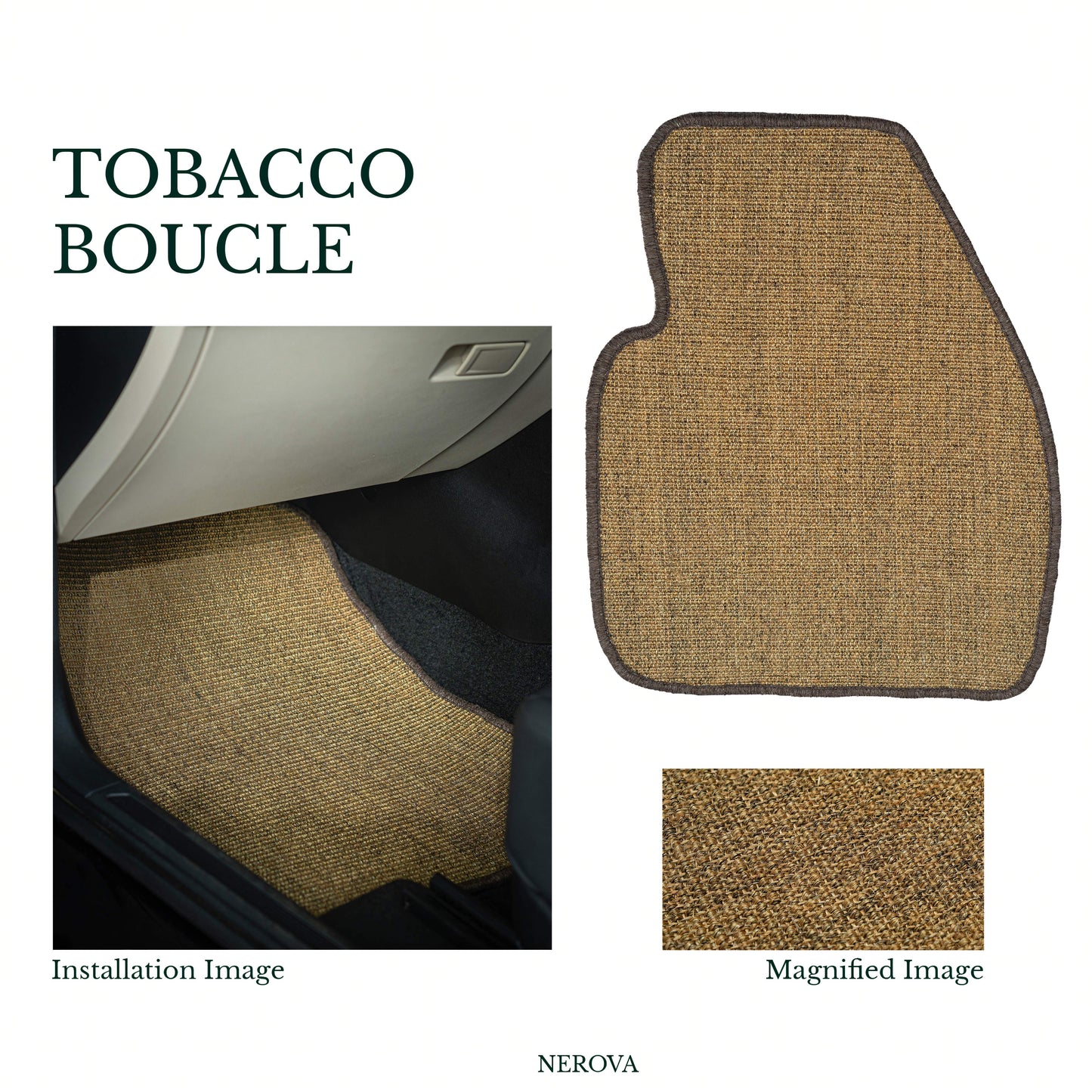 Nerova Origin Tobacco bouclé sisal car mat set — product graphic, warm brown natural sisal
