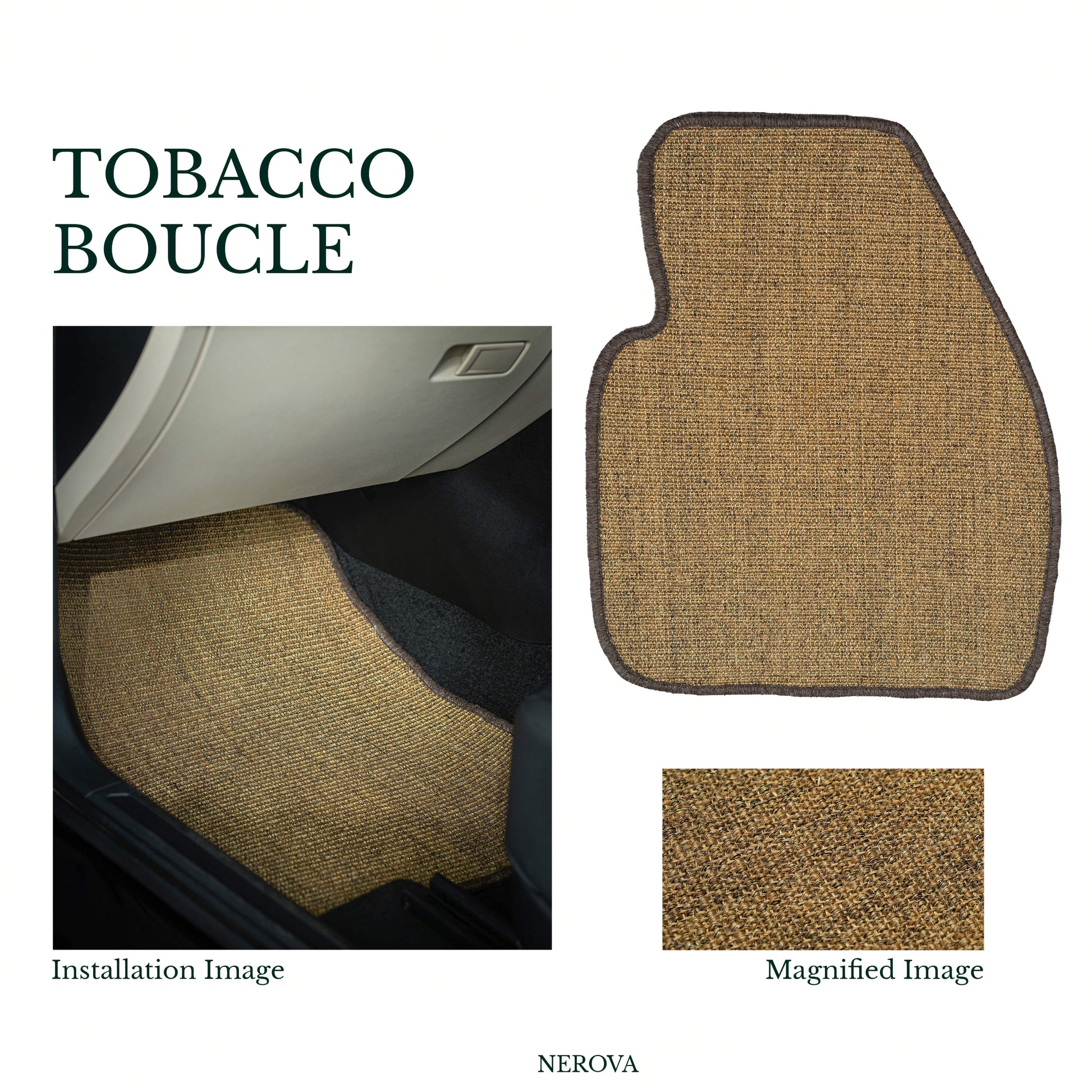 Nerova Origin Tobacco bouclé sisal car mat set — product graphic, warm brown natural sisal